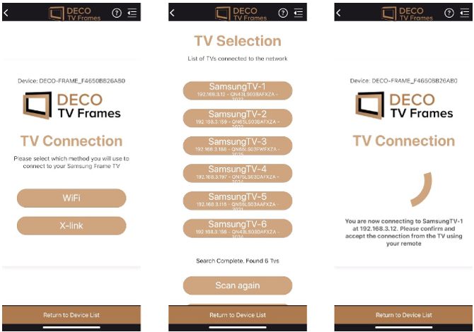 Deco TV Frames App TV Selection Pages